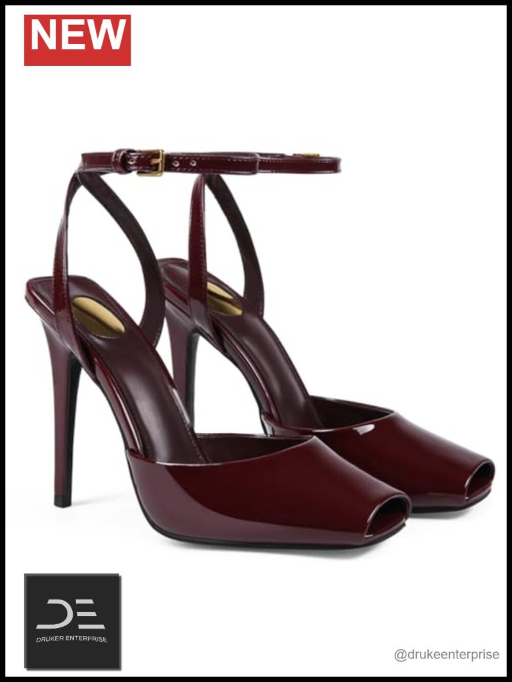 Patent Leather Stiletto Heeled Sandals Square Open Toe Ankle Strap Backless
